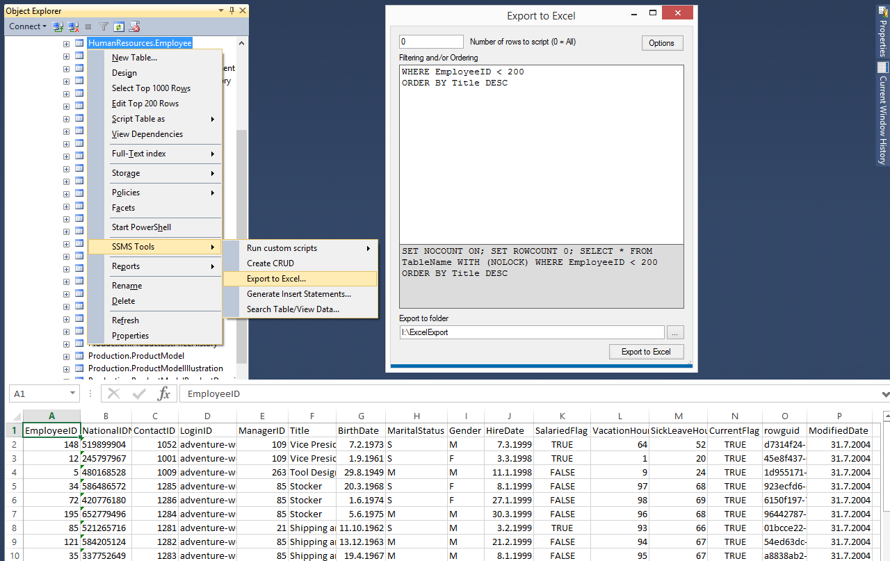 SSMS Tools Pack Feature Export To Excel